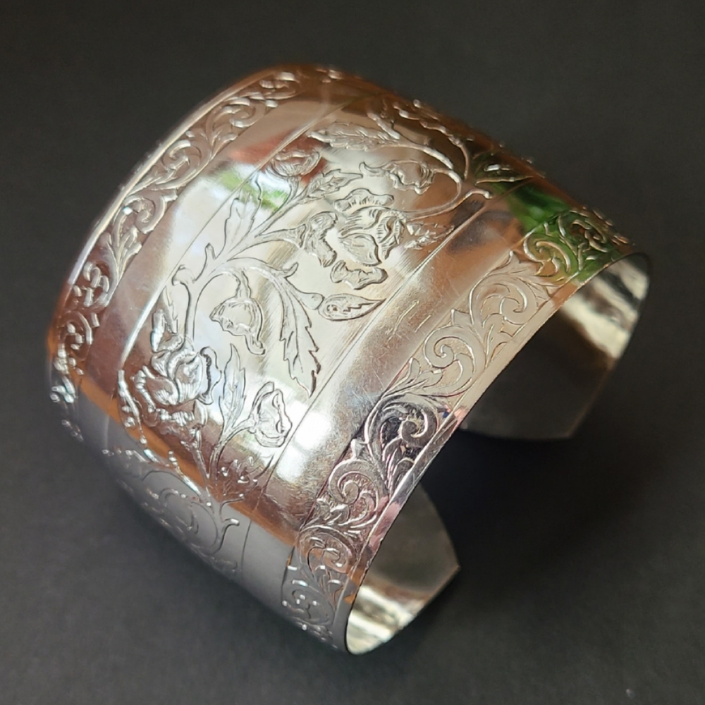Silver-Tone Engraved Floral Cuff Bracelet